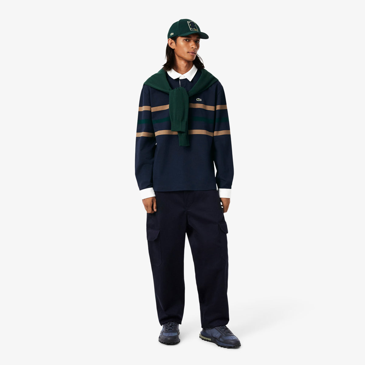 Relaxed Fit Striped Piqué Rugby Polo Shirt - Navy blue