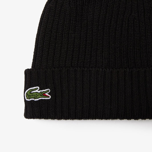 Bonnet unisexe Lacoste en laine douce côtelée - noir