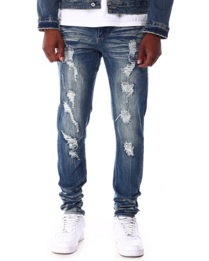 Rip-Off Washed Denim Jeans - Dark Indigo