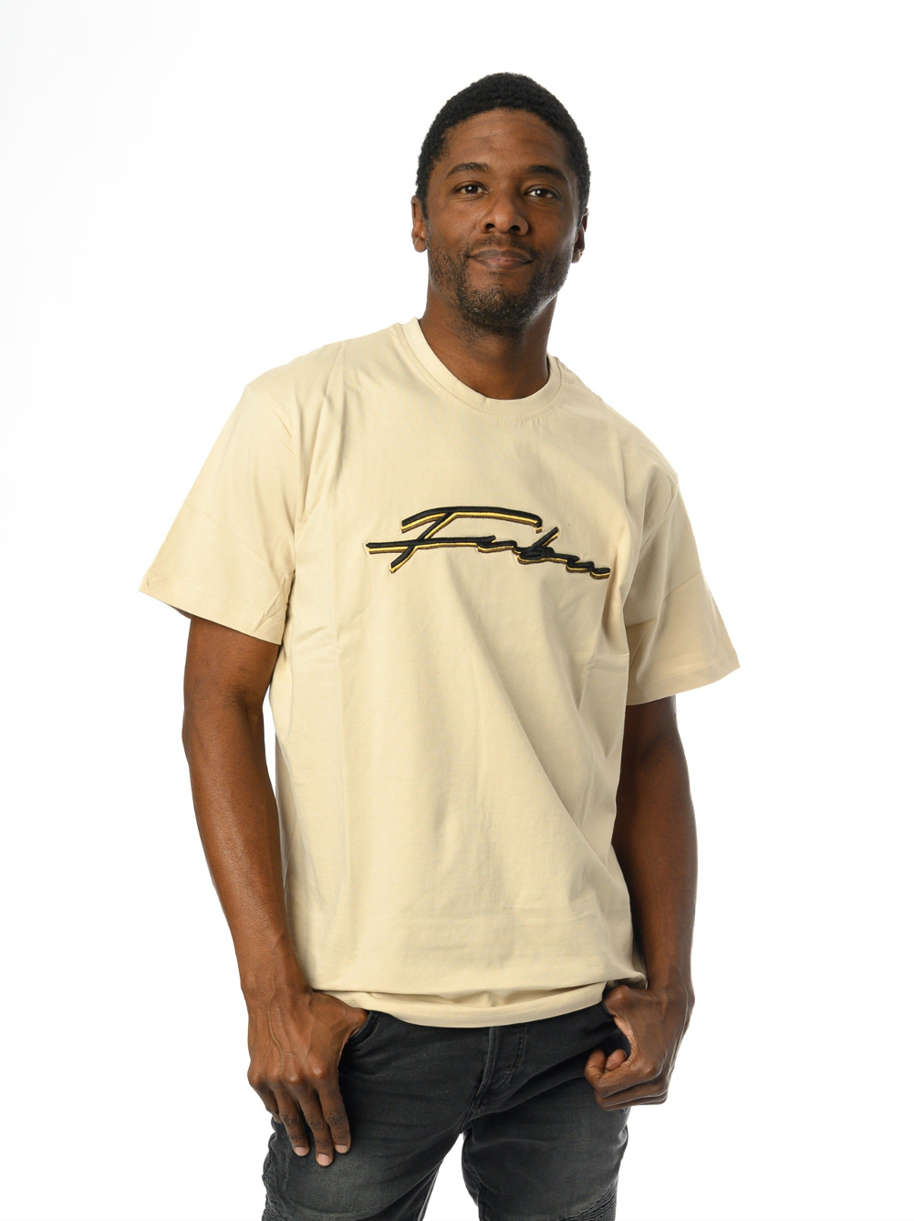 SCRIPT EMBROIDERED TEE IN Natural