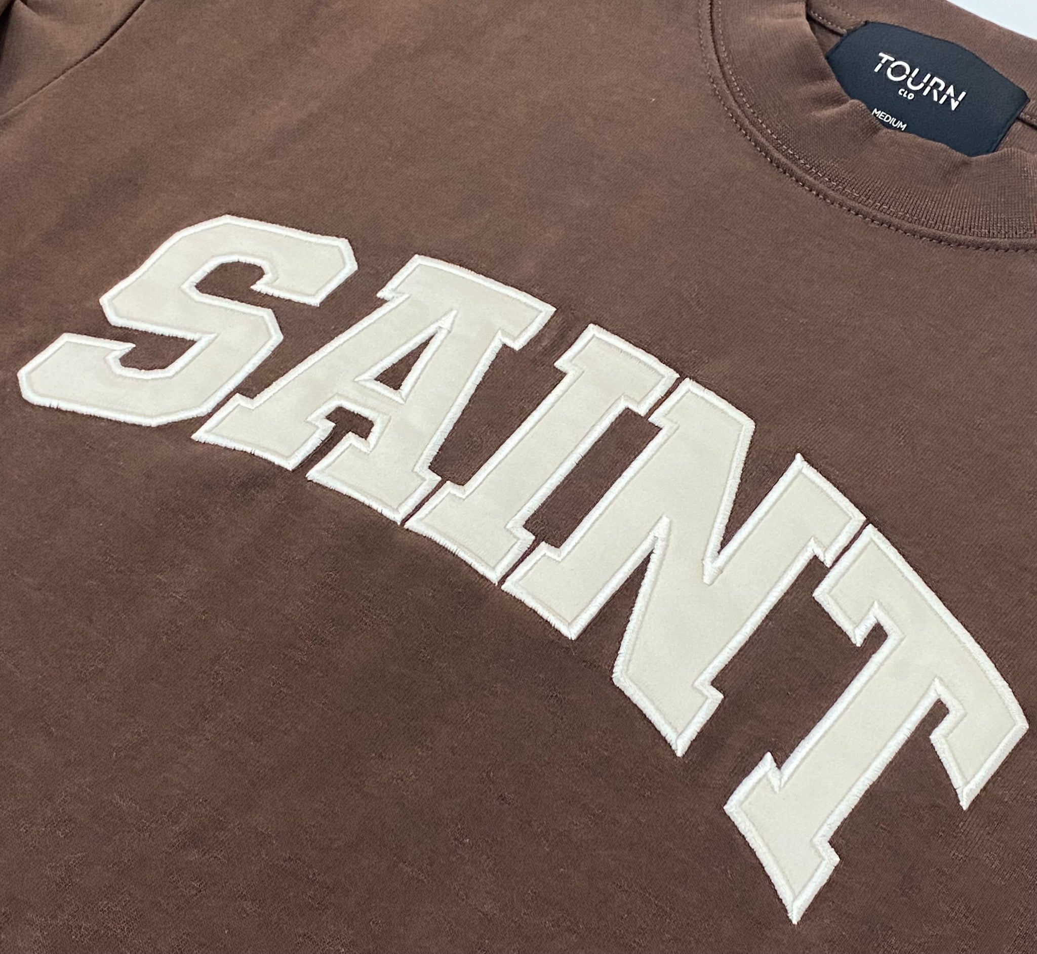 Saint Heavyweight Script Cream Embroidery Brown Tee