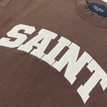 Saint Heavyweight Script Cream Embroidery Brown Tee