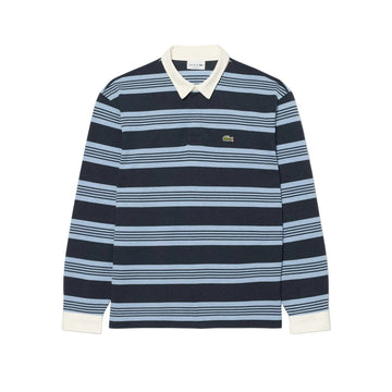 Relaxed Fit Striped Piqué Rugby Polo Shirt - Bleu Chine / Gris Chine