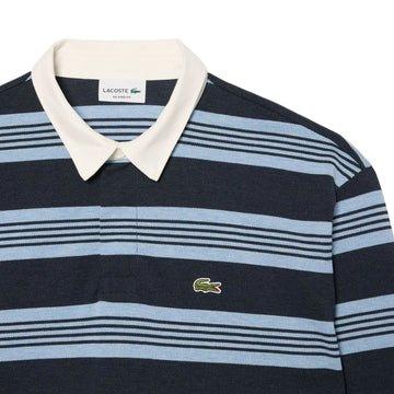 Relaxed Fit Striped Piqué Rugby Polo Shirt - Bleu Chine / Gris Chine