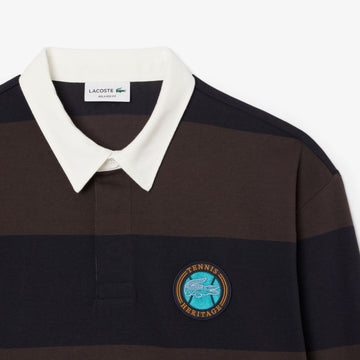 Polo rugby relaxed fit rayé - Bleu Marine / Marron