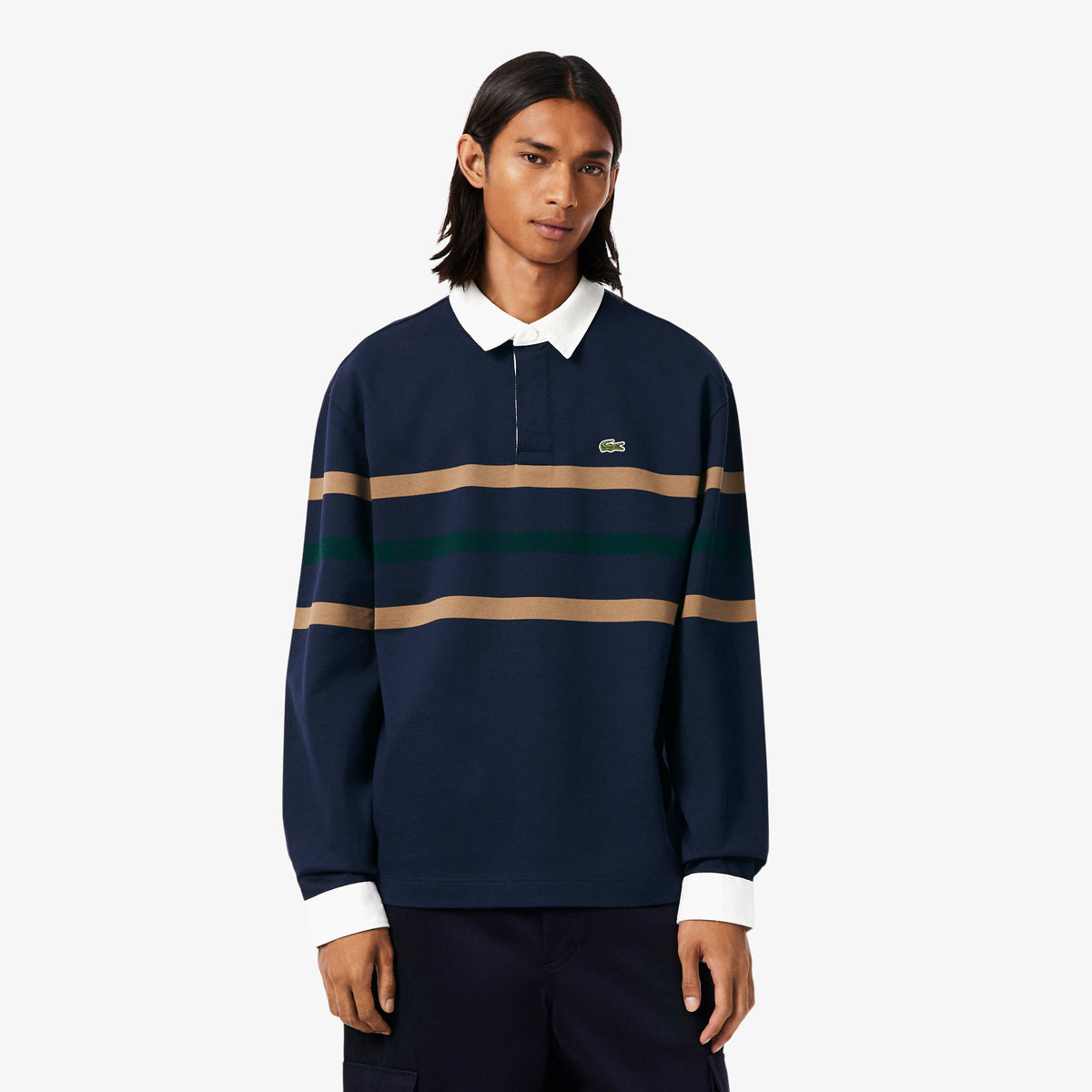 Relaxed Fit Striped Piqué Rugby Polo Shirt - Navy blue