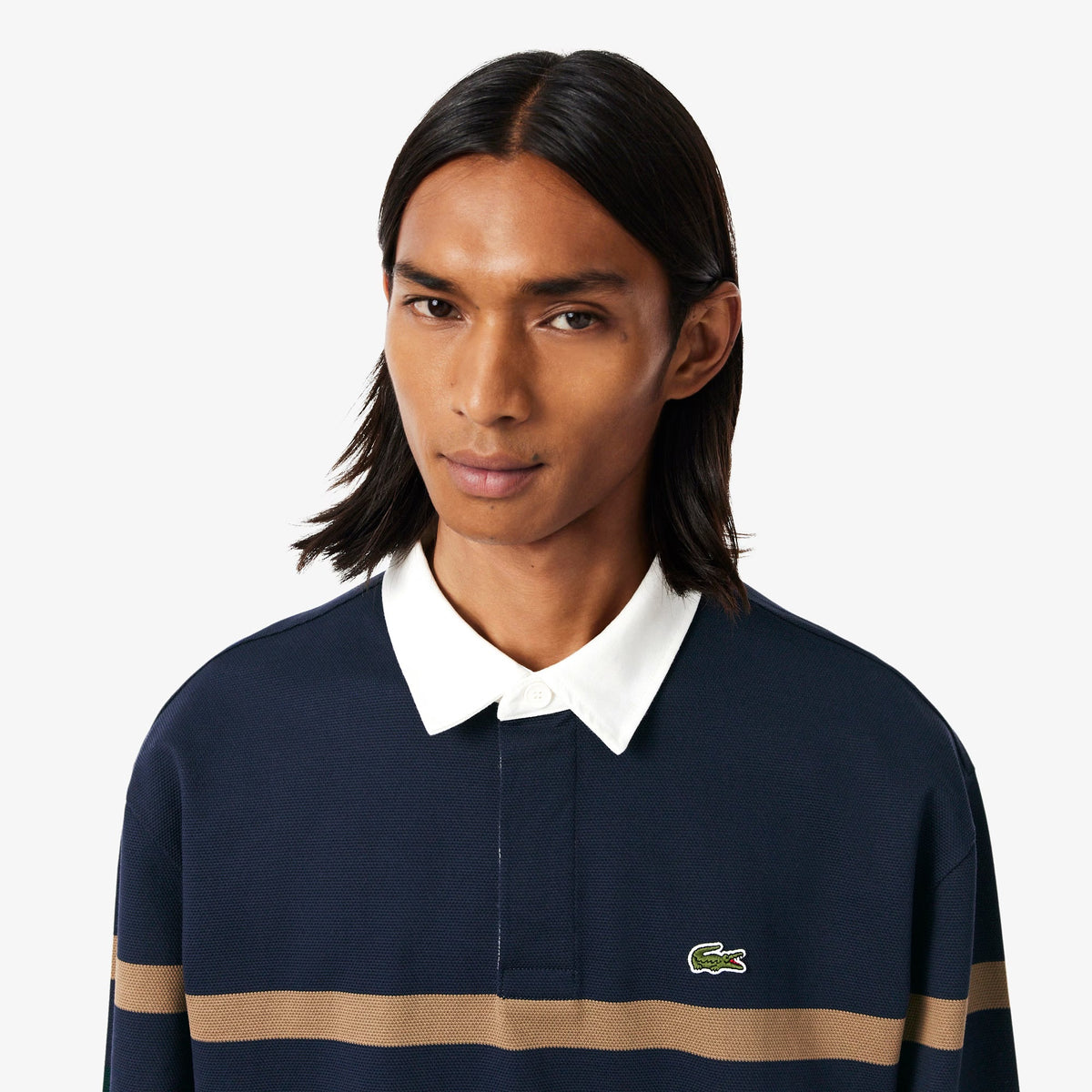 Relaxed Fit Striped Piqué Rugby Polo Shirt - Navy blue