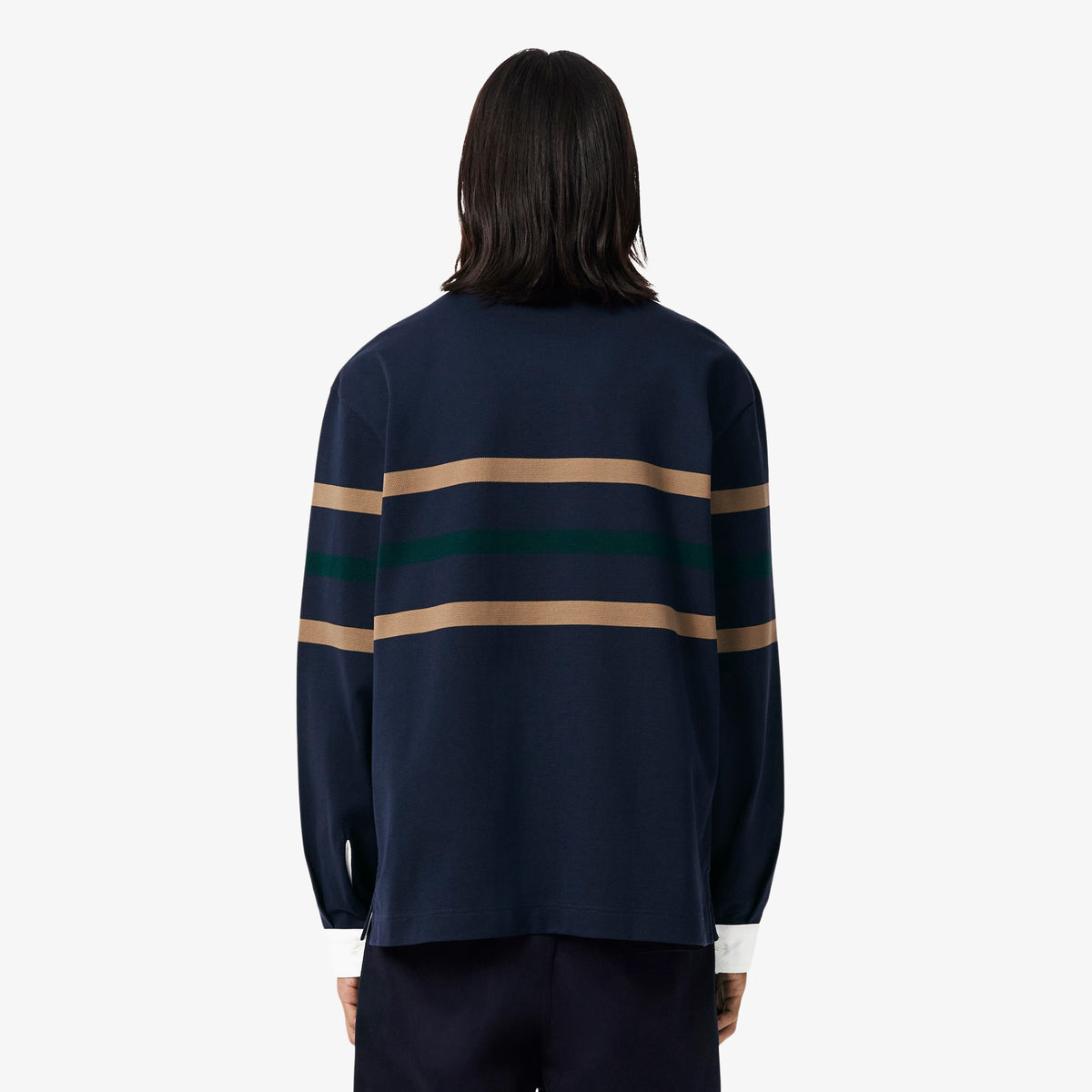 Relaxed Fit Striped Piqué Rugby Polo Shirt - Navy blue