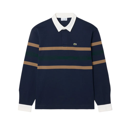 Polo rugby Piqué rayé relaxed fit - Bleu Marine