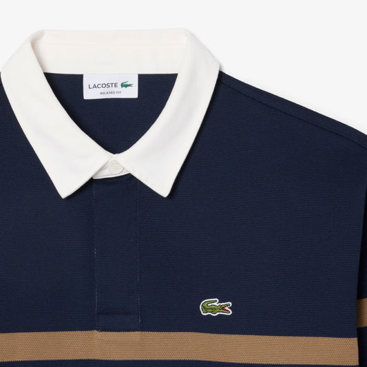 Polo rugby Piqué rayé relaxed fit - Bleu Marine