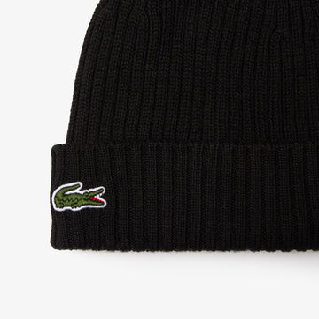 Bonnet unisexe Lacoste en laine douce côtelée - noir